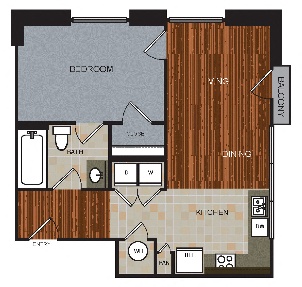 Floor plan for 1 bed, 1 bath, 736 sqft